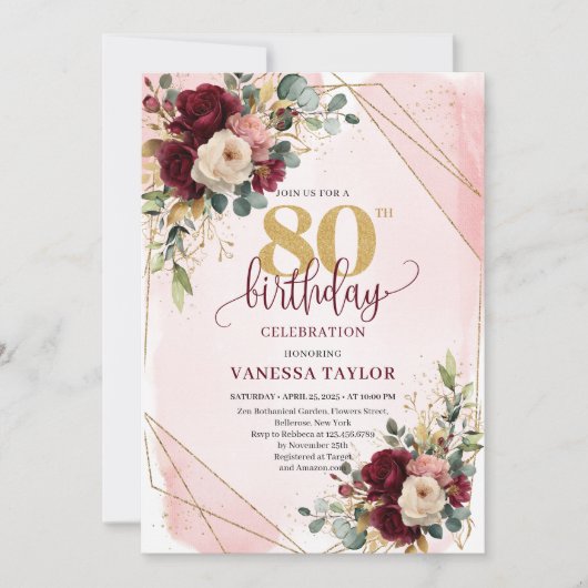 Whimsical Boho Merlot Gouden Bloemen 80ste Verjaar Kaart (Voorkant)