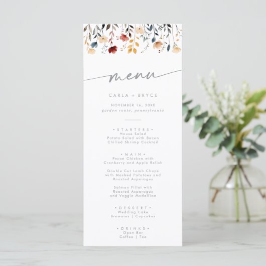 Whimsical Boho Multikleurig Wildbloem Bruiloft Menu (Staand voorkant)