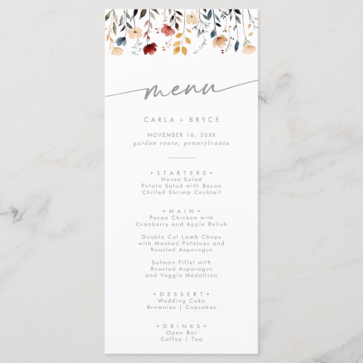 Whimsical Boho Multikleurig Wildbloem Bruiloft Menu (Voorkant)