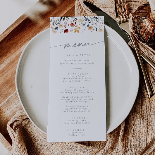Whimsical Boho Multikleurig Wildbloem Bruiloft Menu