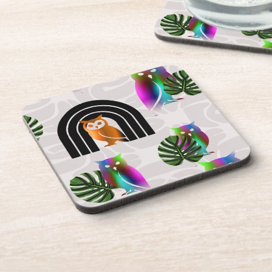 Whimsical Boho Owl & Tropical Monstera Leaf Bier Onderzetter (Linkerzijde)