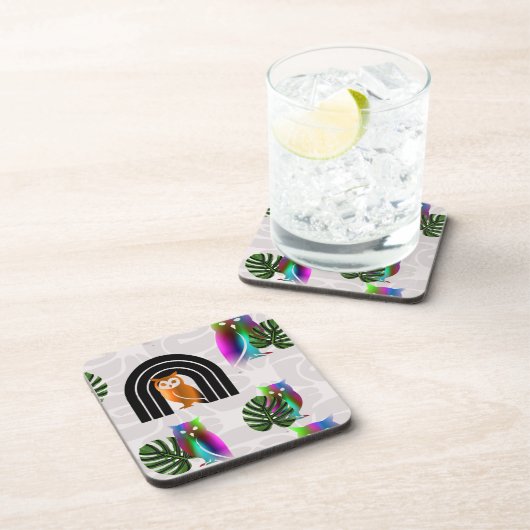 Whimsical Boho Owl & Tropical Monstera Leaf Bier Onderzetter (Rechterzijde)