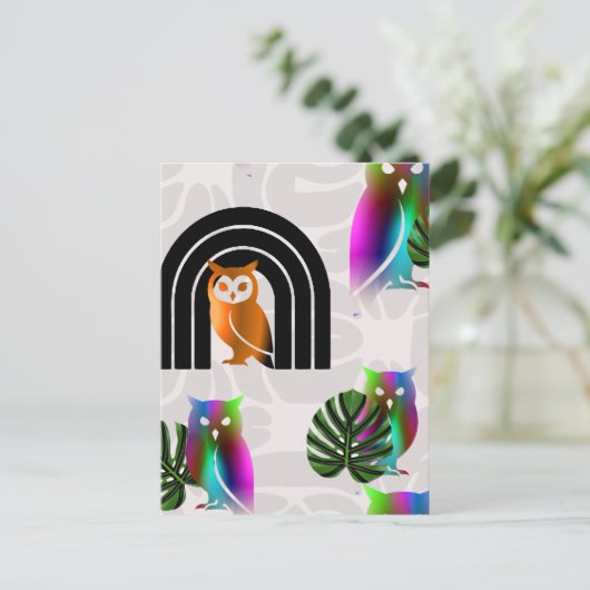 Whimsical Boho Owl & Tropical Monstera Leaf Briefkaart (Staand voorkant)