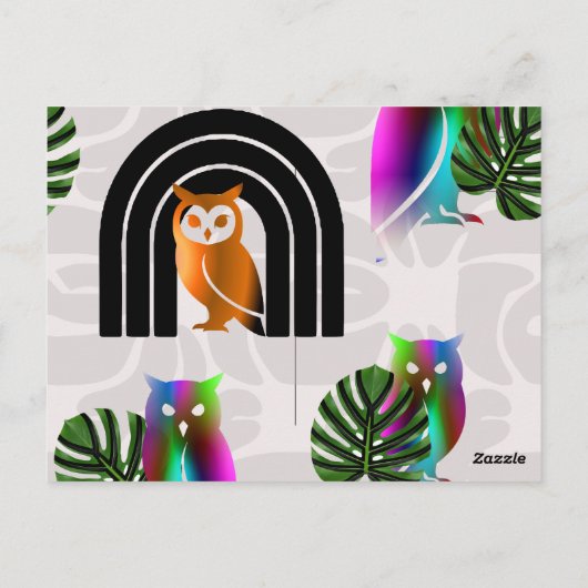 Whimsical Boho Owl & Tropical Monstera Leaf Briefkaart (Achterkant)