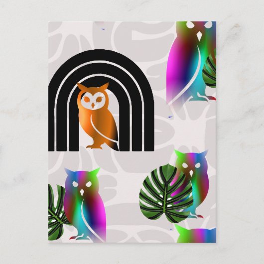 Whimsical Boho Owl & Tropical Monstera Leaf Briefkaart (Voorkant)