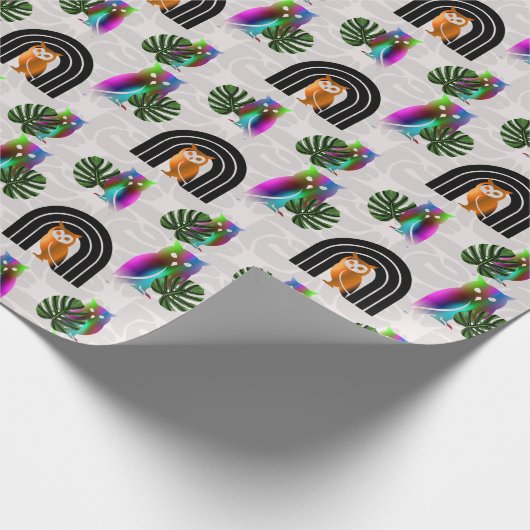 Whimsical Boho Owl & Tropical Monstera Leaf Cadeaupapier (Hoek)
