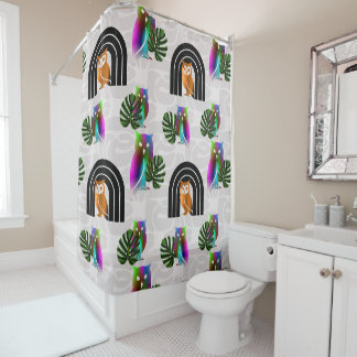 Whimsical Boho Owl & Tropical Monstera Leaf Douchegordijn