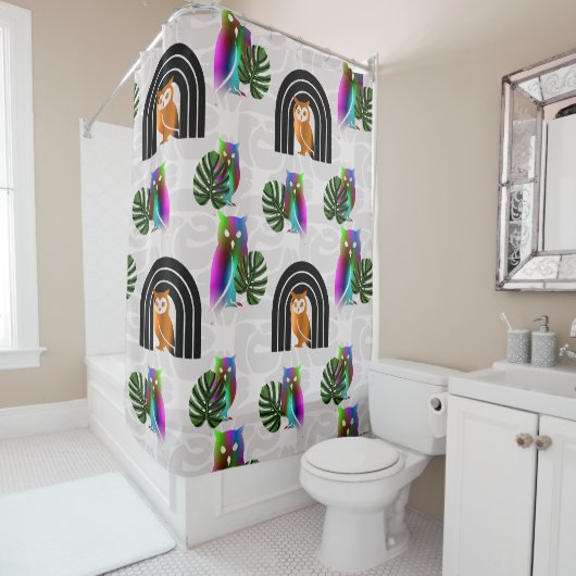 Whimsical Boho Owl & Tropical Monstera Leaf Douchegordijn (In situ)