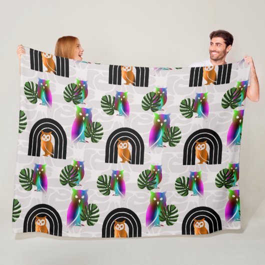 Whimsical Boho Owl & Tropical Monstera Leaf Fleece Deken (In situ)