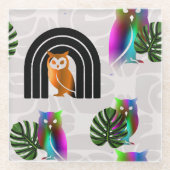 Whimsical Boho Owl & Tropical Monstera Leaf Glazen Onderzetter (Voorkant)