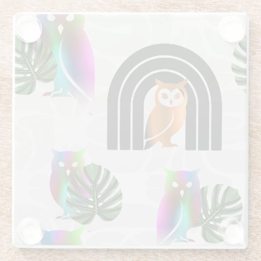 Whimsical Boho Owl & Tropical Monstera Leaf Glazen Onderzetter (Achterkant)