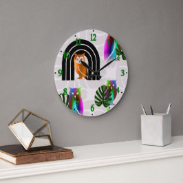 Whimsical Boho Owl & Tropical Monstera Leaf Grote Klok