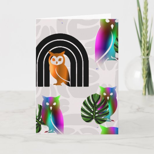 Whimsical Boho Owl & Tropical Monstera Leaf Kaart (Voorkant)