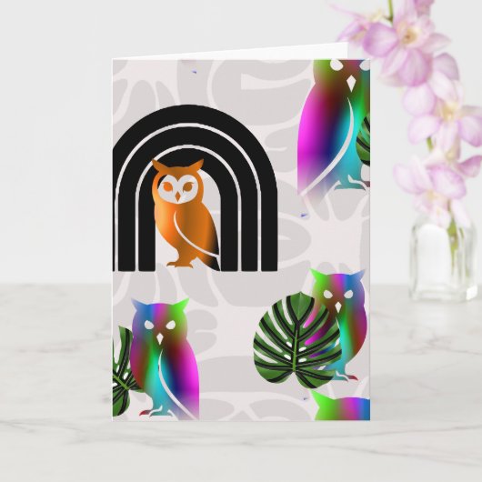 Whimsical Boho Owl & Tropical Monstera Leaf Kaart (Orchidee)