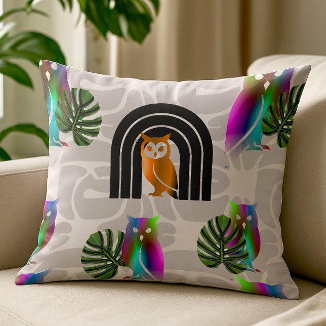 Whimsical Boho Owl & Tropical Monstera Leaf Kussen (Whimsical Boho Owl & Tropical Monstera Leaf | Throw Pillow)
