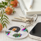 Whimsical Boho Owl & Tropical Monstera Leaf Sleutelhanger (Voorkant Rechts)