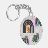 Whimsical Boho Owl & Tropical Monstera Leaf Sleutelhanger (Voorkant Links)