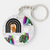 Whimsical Boho Owl & Tropical Monstera Leaf Sleutelhanger (Achterkant)