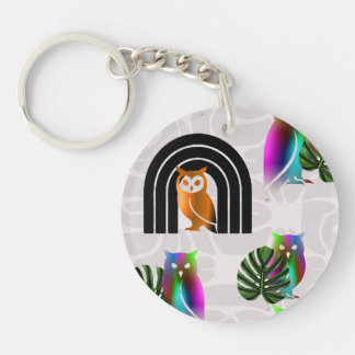 Whimsical Boho Owl & Tropical Monstera Leaf Sleutelhanger