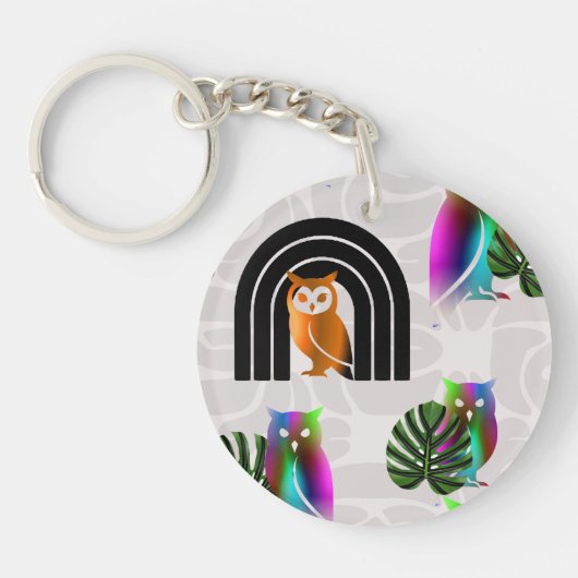 Whimsical Boho Owl & Tropical Monstera Leaf Sleutelhanger (Voorkant)