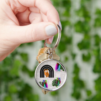 Whimsical Boho Owl & Tropical Monstera Leaf Sleutelhanger