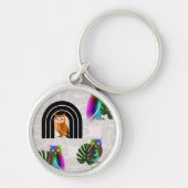 Whimsical Boho Owl & Tropical Monstera Leaf Sleutelhanger (Voorkant)