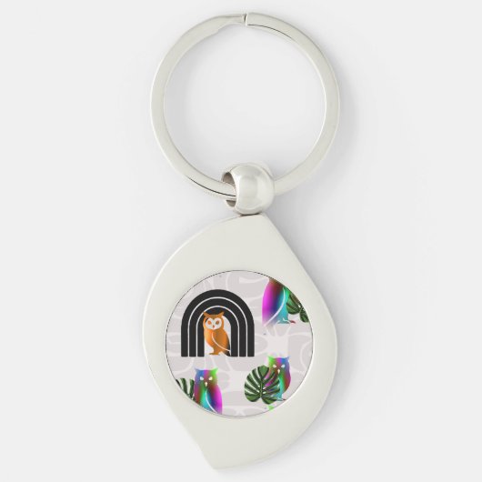 Whimsical Boho Owl & Tropical Monstera Leaf Sleutelhanger (Voorkant)