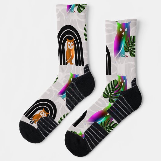 Whimsical Boho Owl & Tropical Monstera Leaf Sokken (Links)