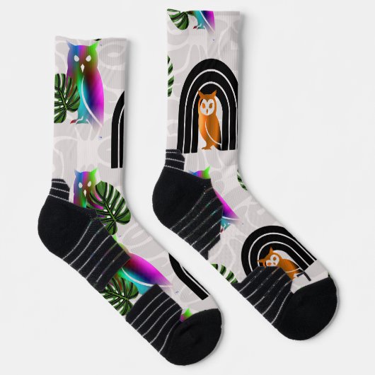 Whimsical Boho Owl & Tropical Monstera Leaf Sokken (Rechts)