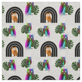 Whimsical Boho Owl & Tropical Monstera Leaf Stof