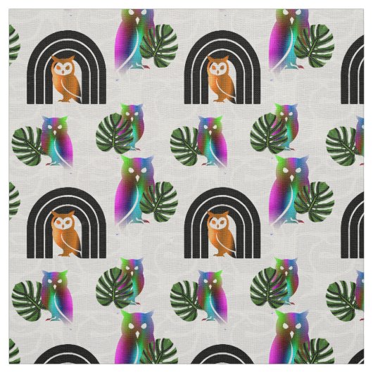 Whimsical Boho Owl & Tropical Monstera Leaf Stof (Swatch)