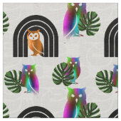 Whimsical Boho Owl & Tropical Monstera Leaf Stof (Close Up)
