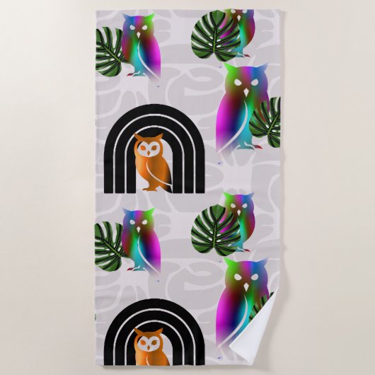 Whimsical Boho Owl & Tropical Monstera Leaf Strandlaken (Voorkant)