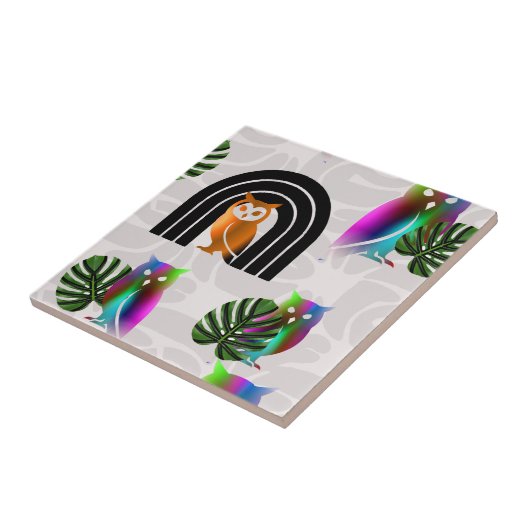 Whimsical Boho Owl & Tropical Monstera Leaf Tegeltje (Zijkant)