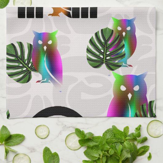Whimsical Boho Owl & Tropical Monstera Leaf Theedoek (Gevouwen)