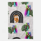 Whimsical Boho Owl & Tropical Monstera Leaf Theedoek (Verticaal)