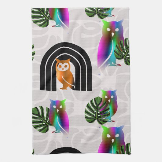 Whimsical Boho Owl & Tropical Monstera Leaf Theedoek (Verticaal)