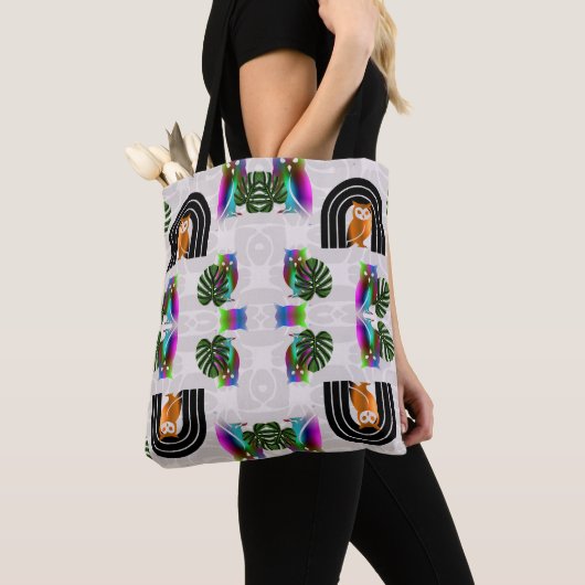 Whimsical Boho Owl & Tropical Monstera Leaf Tote Bag (Dichtbij)
