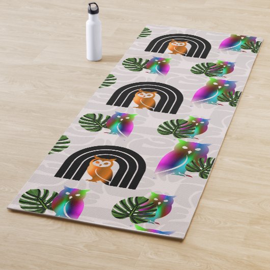 Whimsical Boho Owl & Tropical Monstera Leaf Yogamat (In situ)