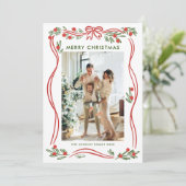 Whimsical Boho Red Christmas Bow Ribbon 2 Foto Feestdagenkaart (Staand voorkant)