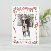 Whimsical Boho Red Christmas Bow Ribbon 2 Foto Feestdagenkaart (Staand voorkant)