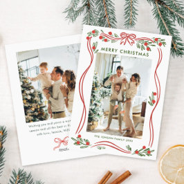 Whimsical Boho Red Christmas Bow Ribbon 2 Foto Feestdagenkaart