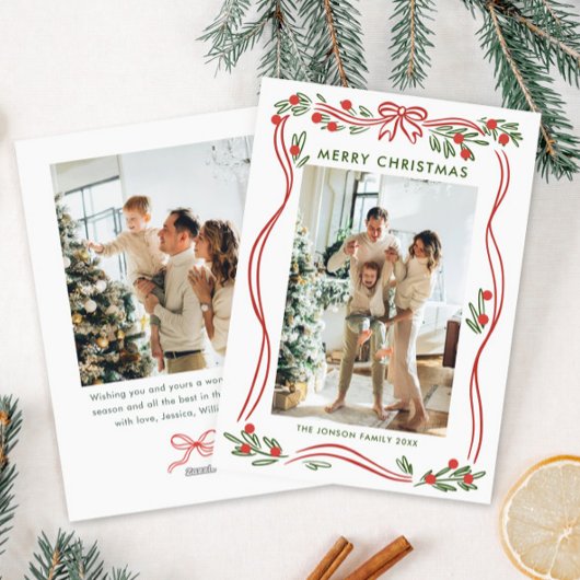 Whimsical Boho Red Christmas Bow Ribbon 2 Foto Feestdagenkaart