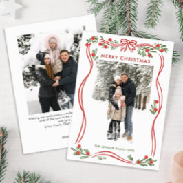 Whimsical Boho Red Christmas Bow Ribbon 2 Foto Feestdagenkaart