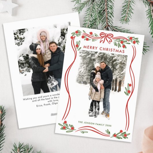 Whimsical Boho Red Christmas Bow Ribbon 2 Foto Feestdagenkaart