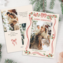 Whimsical Boho Red Christmas Bow Ribbon 3 Foto Feestdagenkaart