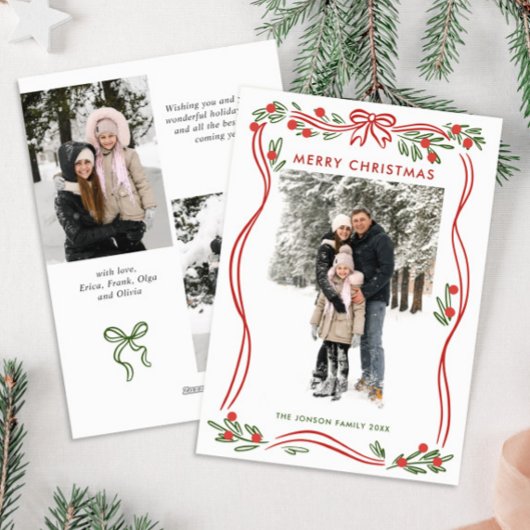 Whimsical Boho Red Christmas Bow Ribbon 3 Foto Feestdagenkaart
