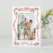 Whimsical Boho Red Christmas Bow Ribbon 3 Foto Feestdagenkaart (Staand voorkant)