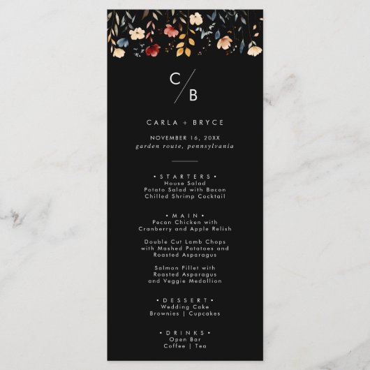 Whimsical Boho Wildebloem Monogram Bruiloft Menu (Voorkant)