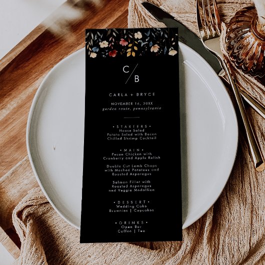 Whimsical Boho Wildebloem Monogram Bruiloft Menu
